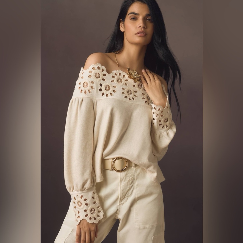 NWT Anthropologie Maeve Cream Eyelet Babydoll Blouse Size Small